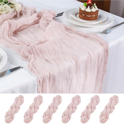10FT 6 Pack Dusty Pink Cheesecloth Table Runner Romantic Boho Rustic Sheer Gauze Cheese Cloth Table Runners 120x22 inchs Decor for Wedding Bridal Baby Shower Party Birthday Home Decorations