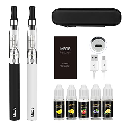 IMECIG et Cigarettes Vapoteur Electronique Starter Kit 2 Pack CE4 Ego Avec E Liquide 1100mAh Batterie Rechargeable, 5 x 10ml E Cig Liquide Vape Pen Set de Voyage E Cig Jus Sans Nicotine Sans Tabac