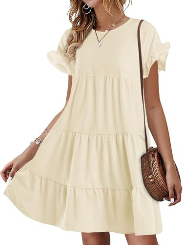 Image of Chuanqi Womens Ruffles Boho Floral Printed Babydoll Loose Swing Casual Short Mini T-Shirt Dress