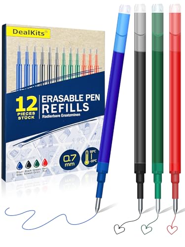 DealKits 12 mine di ricambio cancellabili per penna gel da 0,7 mm, compatibile con Pilot FriXion Ball & Clicker & Eberhard Faber, mine di ricambio per penna gel cancellabile, lunghezza di scrittura