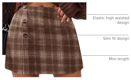 EXLURA Womens Faux Wool Plaid Mini Skirts Fall Winter Bodycon Skirt Pockets - image 4