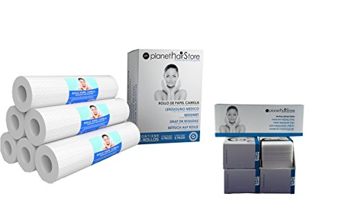 Rollo Papel Camilla PlanetHair Store® Alta Calidad 2 capas 70 metrosx60cms.(6 Rollos y 500 bandas depilatorias).Color Blanco. Ideal para Salones de Belleza, Clínicas de Fisioterapia