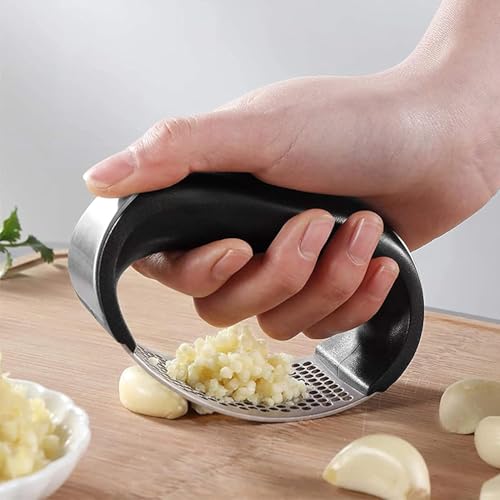 Image of Catron Garlic Chopper Stainless Steel,Garlic Chopper | Garlic Press | Garlic Peeler Manual, Curve Fruit Vegetable Tools for Kitchen (Silver-Black)