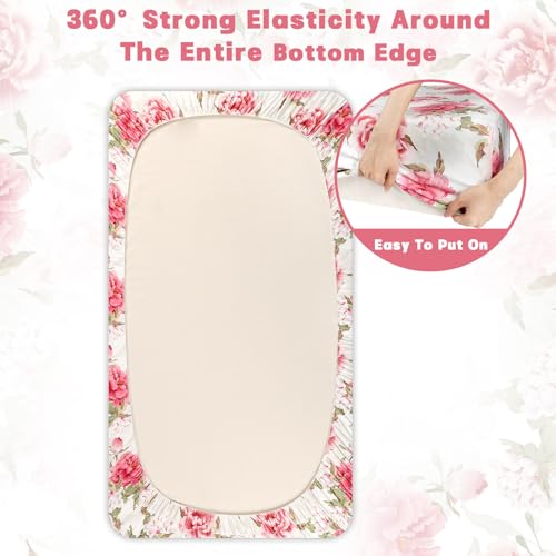 Image of Crib Sheets for Girls Boys, HNHUAMING Neutral Crib Sheet Fitted, Ultra Soft Baby Crib Sheets 52'' X 28'' inch Fits for Standard Crib & Toddler Mattress, Pink Peony Floral