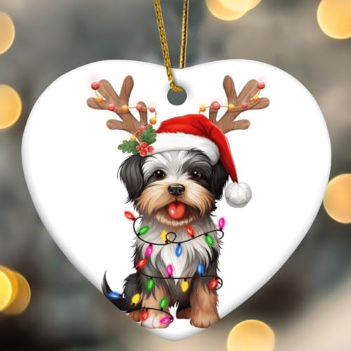 Biewer Terrier mit Geweih Christbaumschmuck Hund Rasse Hund Kind Tier Herz Porzellan Anhänger Keramik Porzellan Hängende Weihnachtskugel Geschenk für Xmas Party Dekorationen