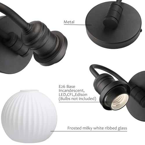 Image of Yosoan Boho Brass Vintage Bathroom Wall Sconce with Striped Shade, 1-Light Indoor Industrial Hardwired Wall Mounted Fixture, Frosted Milky White Ribbed Glass Shade for Bedroom Hallway(Black)