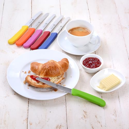 Foto von GRÄWE Tafelmesser 6 Stück, Messerset zum Schneiden, 6er Pack Brötchenmesser, Frühstücksmesser mit einseitigem Wellenschliff, Brotmesser, scharfe Messer für Brotzeit, 21 cm - Bunt