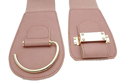 TFJ Women Western Stretch Fashion Belt Big Gold Metal Hook Buckle S M Light Pink Color4