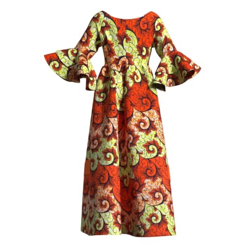 Image of iooiooi Womens African Print Party Maxi Dress Ankara Long Dress & Headwrap | Ankara Print Maxi Dress for Women,Flared Bell Sleeve Party Gown