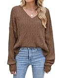 ZAFUL Womens Fall Oversized Sweaters Lightweight 2025 Cable Knit V Neck Long Sleeve Casual Loose Winter Pullover Sweater Tops Brown X-Large