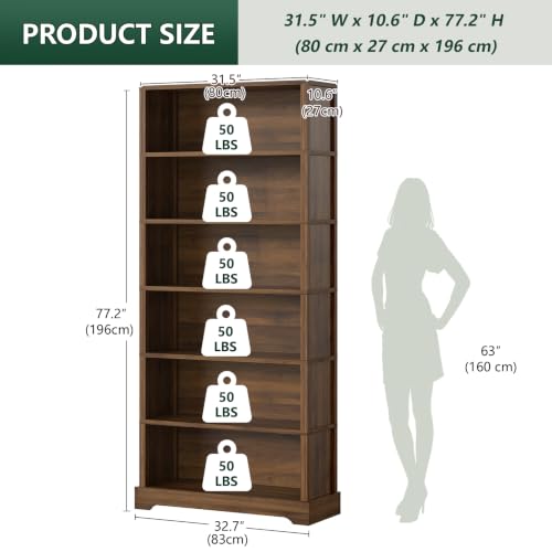 Image of TVU 6 Tiers Wooden Bookshelf, 77.2 inch Tall Farmhouse Style Open Bookcase, 31.5 inch Wide Standing Book Shelf with Storage for Study Room, Living Room, Walnut Brown