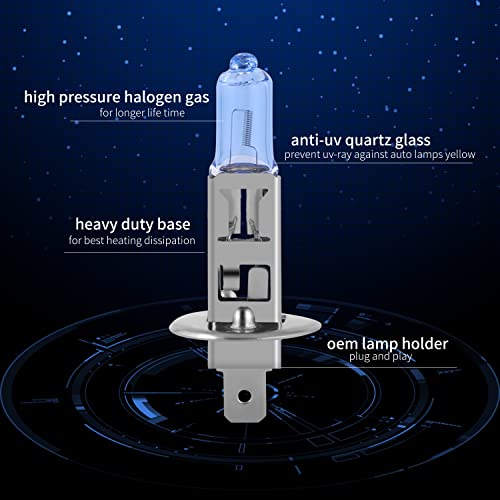 Image of H1 Headlight Bulb Halogen Bulb 5000K Super White Light Long Life Replacement P14.5S 12V /55W (H1, 2 Pack)