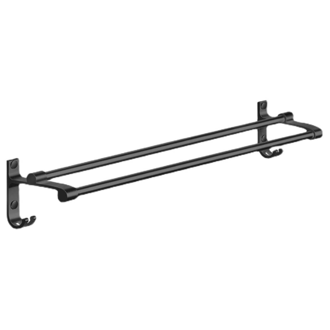 Towel Rack Space Aluminum Towel Rail Double Bar Bathroom Wall-Mounted Towels Holder with 2 Hooks, Black, 60cm