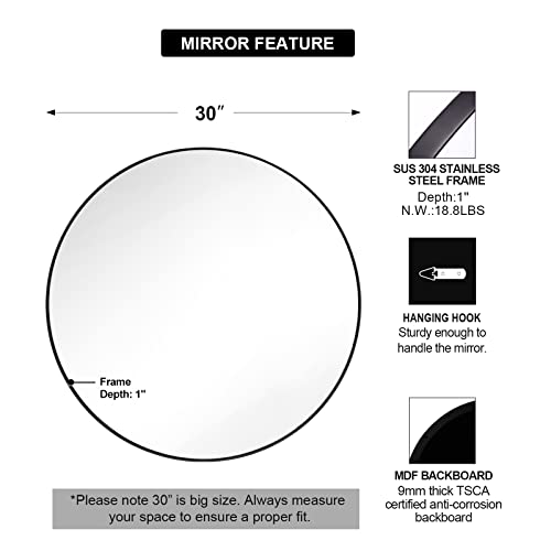 Andy Star Round Wall Mirror For Bathroom, 30 Inch Black Circle Mirror Modern Premium Stainless Steel Metal Frame Wall Mounted For Bathroom, Entryway, Vanity, Living Room, Bedroom #TOP4