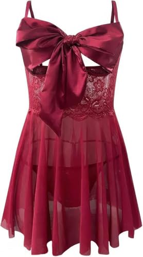 Image of MADSY Womens Lace Short Sheer Unwrap Me Babydoll Lingerie Set, Sexy Front Open See Through Mesh Lace Outfit with G-String Maroon (Maroon, Free Size)