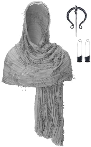 Fourluoo Wrap Sand Hooded Shawl with Viking Brooch, Scarf Rogue Medieval Renaissance Cosplay Cloak Cape Accessories(Gray)