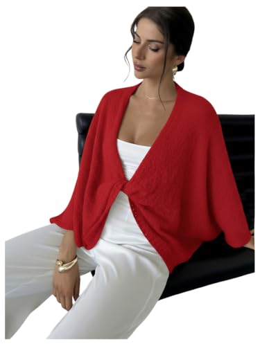 Image of GORGLITTER Women's Oversized Fall Wrap Sweater Cropped Bat Wing Knit Tops