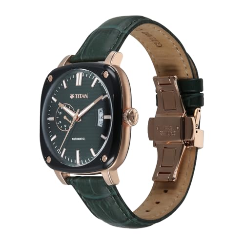 Image of Titan Vintage Concealed Automatic Analog with Green Dial Green Leather Strap Watch for Men - 90225KL01