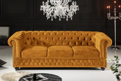 Riess Ambiente Barock Sofa Chesterfield 205cm - senfgelb - Samt Federkern Knopfheftung 3-Sitzer-Couch Wohnzimmer Retro – Bild 3