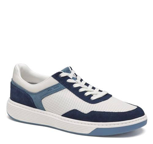 Johnston & Murphy Dawson Moctoe U-Throat Casual Athletic Sneaker, White Full Grain Leather/Blue/Navy Suede, 10 M