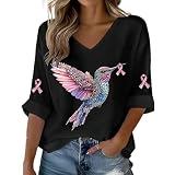 CHUNOTU - Camisetas de cáncer de mama para mujer, de gran tamaño, cuello en V, manga 3/4, estampado de lazo de pájaro, camiseta gráfica elegante, talla grande, Negro, S