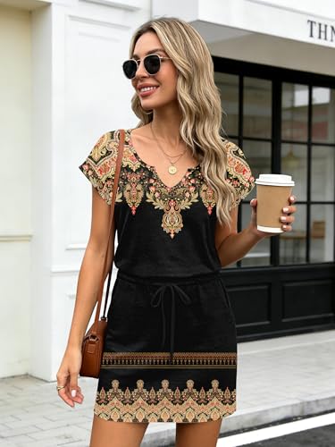 Image of SAUKOLE Women Summer T Shirt Dress Casual Short Sleeve V Neck Dress with Pockets Drawstring Waist Short Dresses