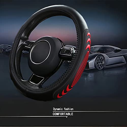 Leather Steering Wheel Cover for Dodge Ram 1500 2500 3500, 15.5-16 Inches Car Steering Wheel Cover with Anti-Slip Massage Particle (Red)