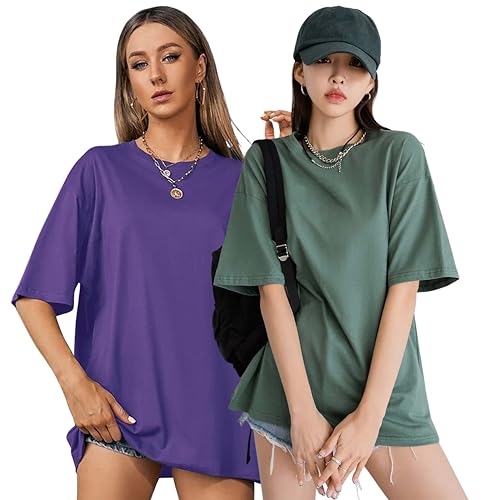 Image of London Hills Women's Cotton Loose Casual Round Neck Solid, Drop Shoulder T-Shirt Pack of 2