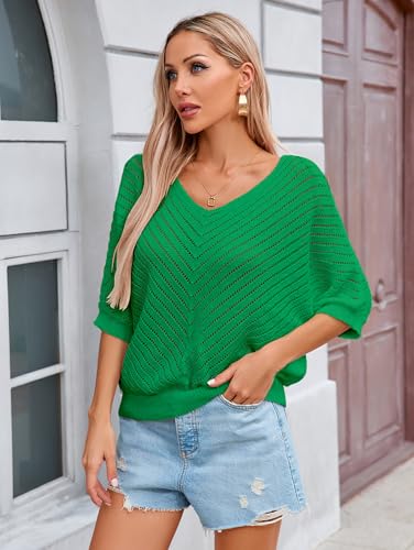 Image of Libsorge Womens Sexy V Neck 3 /4 Sleeve Sweater Spring 2025 Trendy Dressy Casual Outfits Lightweight Crochet Knit Pullover Top