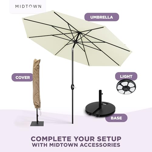 Image of Midtown Umbrellas - The Lean 8 Ft Patio Umbrella with 10-Year-No-Fade Acrylast Acrylic Fabric, Auto-Tilt and 8 Reinforced Ribs for Deck, Pool, Garden, Hotel & Cafes - Canvas Cream Canopy, Black Pole