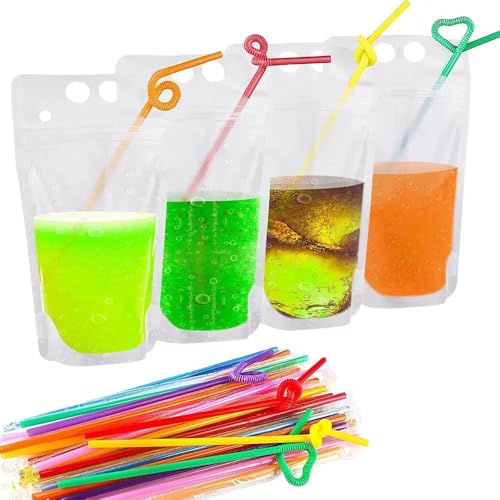 100 Pack Beverage Bags with Straws for Juice, Milk, Coffee