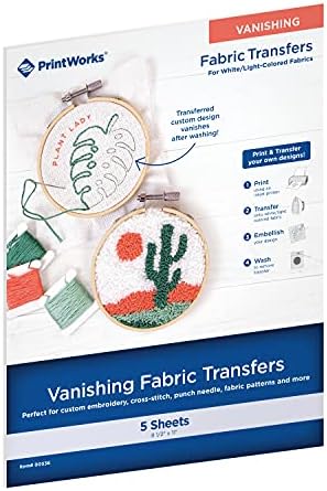 Print Works Vanishing Embroidery Transfers, for White/Light-Colored Fabrics, 5 Sheets, Inkjet, 8.5 x 11 (00536)