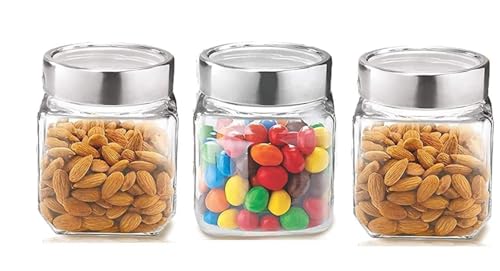 Image of Glass Jar with Lid, Cube Glass Container for Kitchen, 600 ml, pack of 3
