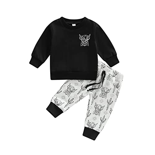 Image of Toddler Baby Boy Fall Winter Outfits Cow Print Sweatshirt Tops Casual Pants 2Pcs Clothes Set (D Black, 0-6 Months)