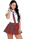 Vxuxlje Womens School Girl Uniform Costume Necktie Short Sleeve T Shirt with Pleated Skirt Outfits White&Red Medium