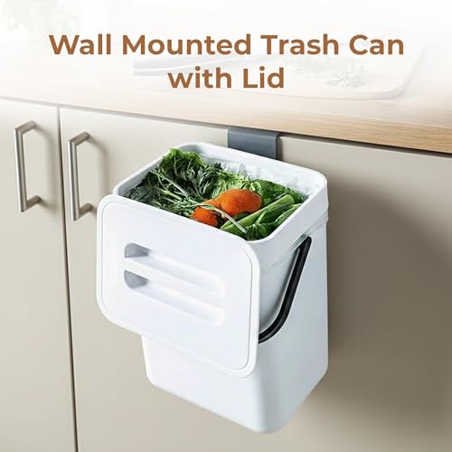 Image of HomeEssentials 3L Hanging Kitchen Trash Can with Lid, Dual-Opening Design, Mounts on Cabinet Door or Wall, Compact Waste Bin, White Space-Saving Smart for Kitchen, Bathroom & Office