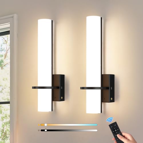 Image of AIJIASI Black Battery Operated Wall Sconces Set of 2, 10000mAh Rechargeable Wireless Wall Sconce with Remote Control, 3000K-6000K Dimmable LED Wall Lights for Living Room Bedroom Hallway 15 Inch