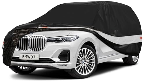 Image of Holhtly Car Cover Custom Fit for BMW X7, Car Covers for Automobiles All Weather Waterproof Sun Snow Rain Wind Dust Protection, Outdoor Car Cover Black & Grey