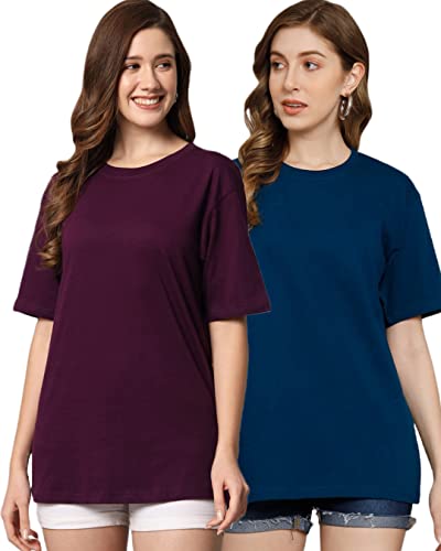 FUNDAY FASHION Cotton Short Sleeve Oversized T-Shirt for Women (Pack of 2) (in, Alpha, XL, Plus, Wine & Petrol Blue)