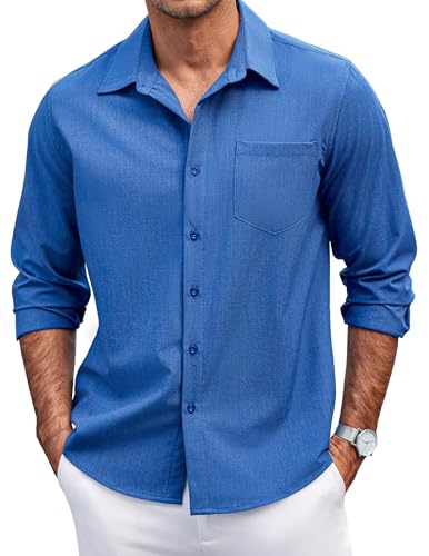 COOFANDY Mens Long Sleeve Button Down Shirts Wrinkle Free Shirts Silm Fit Fall Shirts Pocket Dark Blue