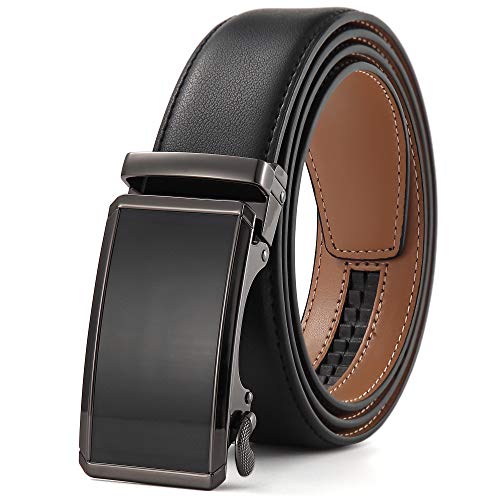 CLUBBELTS Men s Leather Ratchet Belt with Automatic Buckle, Black White Brown, 1 3 8 Wide, Adjustable Dress Belt for Men