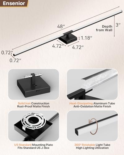 Image of Ensenior Modern Bathroom Vanity Light 48 inch, Built-in Dimmer, 28W Dimmable 5CCT Led Bath Lights, Black Bar Vanity Lights for Bathroom Mirror Cabinets Bedroom-FCC & ETL Certificated