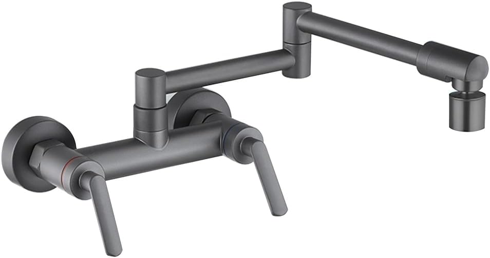 Brass Pot Filler Kitchen Faucet Wall Mounted Dual Handle Mixer Tap with Swivel Spout & Double Joint Swing Arms Hot & Cold for Kitchen Sink (Gun Grey)