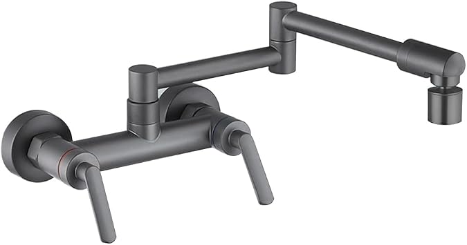 Kitchen Bath Taps Pot Filler Faucet Brass Folding Sink Faucet with Dual Mode Swivel Spout, Wall-Mounted Hot and Cold Dual Handle Mixer with Double Joint Swing Arms,Gun Grey