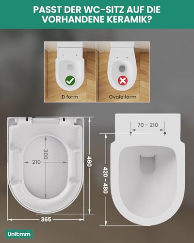 ANYCEE Toilettendeckel mit Absenkautomatik 46x36.5 CM, WC Sitz aus Duroplast, Klodeckel mit Antibakterielle, Toilettensitz D-Form, WC Deckel mit Quick-Release,Toilettenbrille universal, Klobrille Weiß