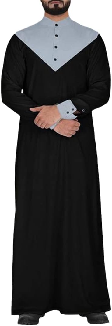 Color Block Design Button Decoration Muslim Clothing Men's Robe Jubba Thobe Saudi Arabian Kaftan Dress Men's Islamic Arab Long-S