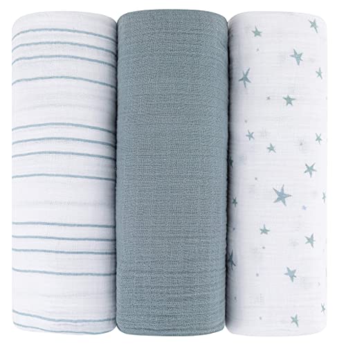 Image of Ely's & Co. Muslin Swaddle Blanket 3-Pack for Baby Boy— 100% Cotton Muslin Extra-Large Swaddle Blankets (47”x 47”) — (Misty Blue Stars│Solid│Stripes)