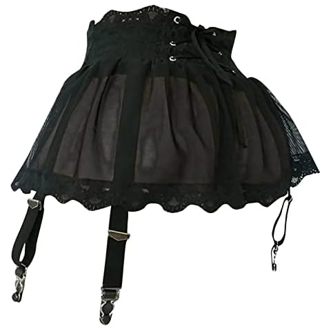 Zennie Madam High Taille Hose Einfarbige Sexy Mesh Strumpfband Rock Sexy Dessous Spitze transparente Back-Tie Minirock Valentinstag Schwarz S thumbnail