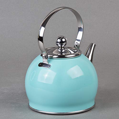 Creative Home Royal-Tea Stainless Steel Tea Kettle With Folding Handle, Removable Infuser Basket Aluminum Capsulated Bottom For Even Heat Distribution, Aqua Sky Finish #TOP5