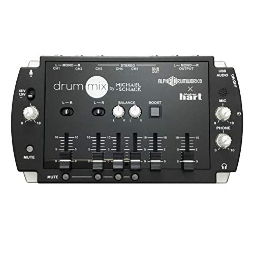 Maker hart Drum Mixer-compacto 5 canales/3,5 mm/6,3 mm jack USB audio out/micrófono incorporado para batería en directo/transmisión/webcasting/streaming para Reino Unido Cover